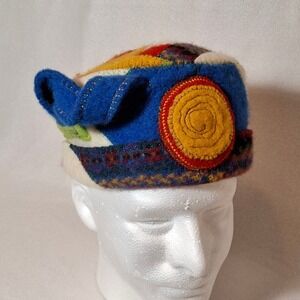 Handmade Boiled Wool Patchwork Hat Multicolor Spiral Applique Artisan Pillbox